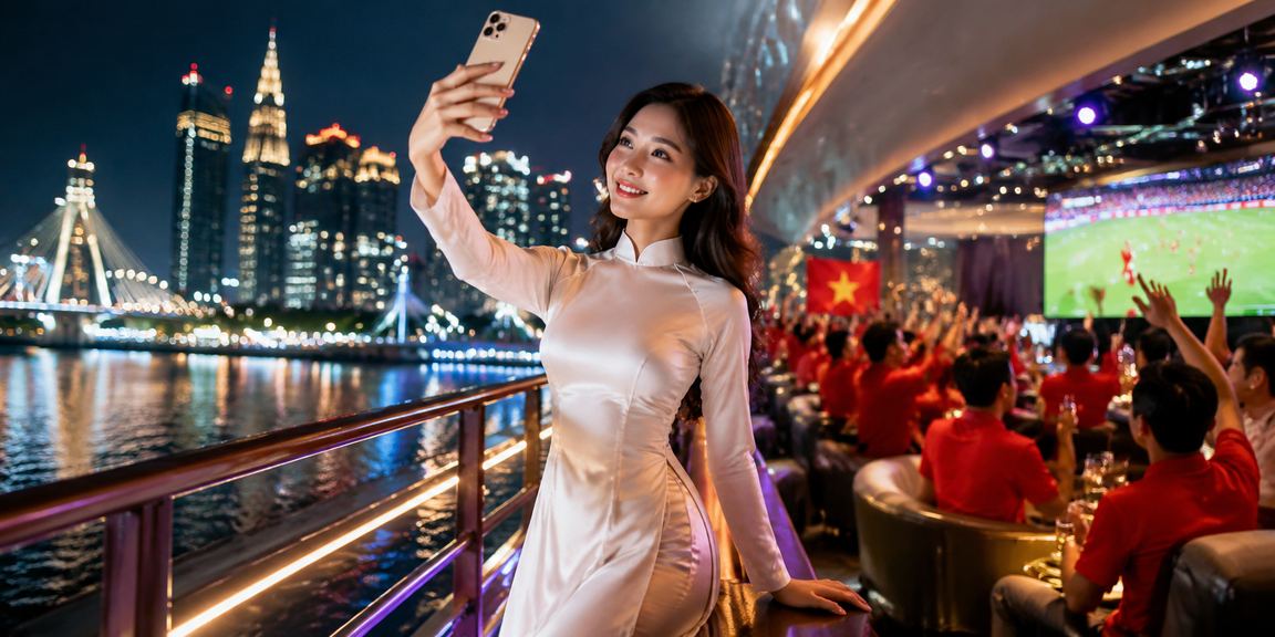 Người dùng tại TP. Hồ Chí Minh trải nghiệm casino trực tuyến trên điện thoại trong trang phục áo dài truyền thống