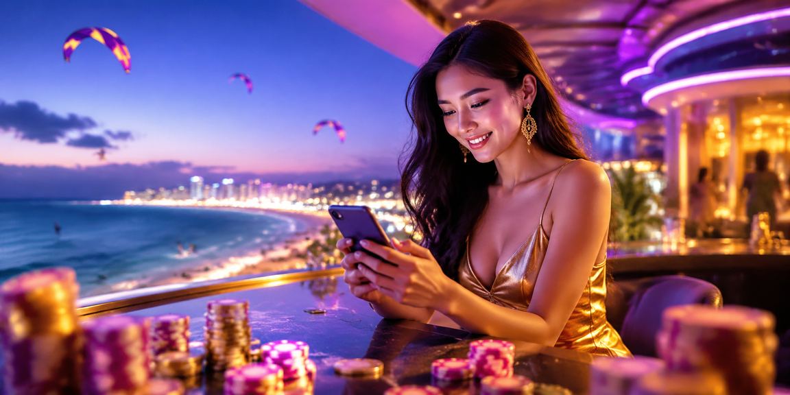 Người dùng tại Mũi Né ngồi thư giãn bên bờ biển, dùng điện thoại nạp tiền và kiểm tra tài khoản xổ số trực tuyến