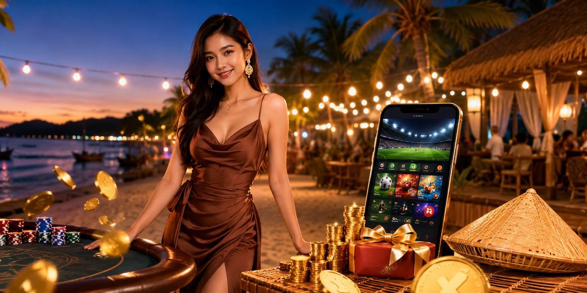 Người dùng tại Phú Quốc xem kèo thể thao buổi tối bên bờ biển với điện thoại di động